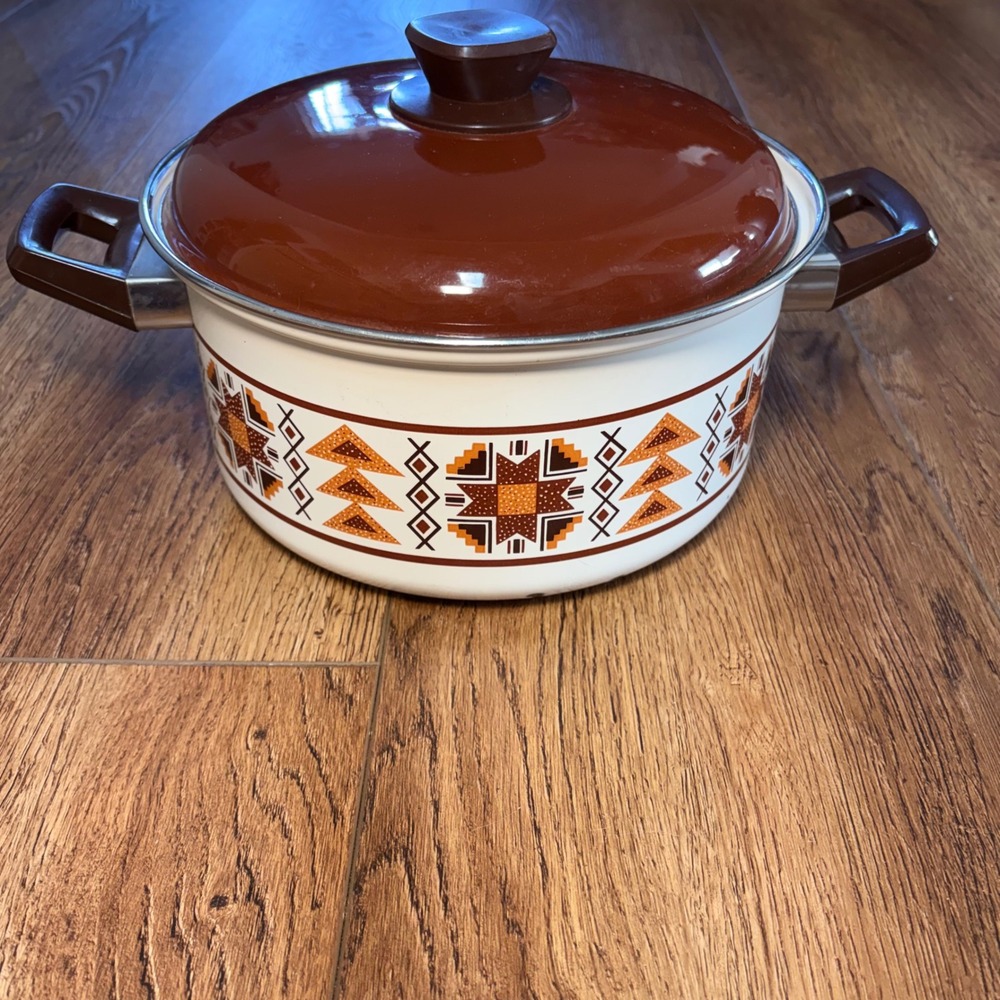 Vintage Enamel Stock Pot Made in Japan Retro 70s Geometric Brown Orange Western